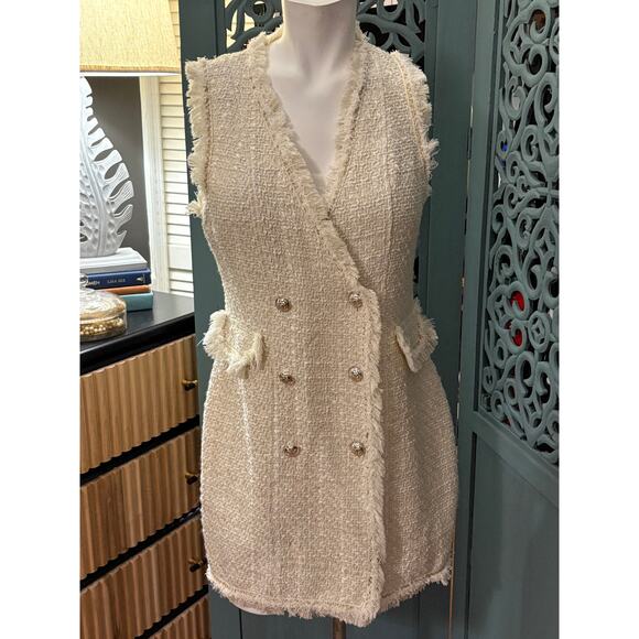 NEW Trixxi Ivory Fringe-Gold Trim Boucle Sleeveless Tweed Wrap Dress Junior Sz L - Picture 4 of 7
